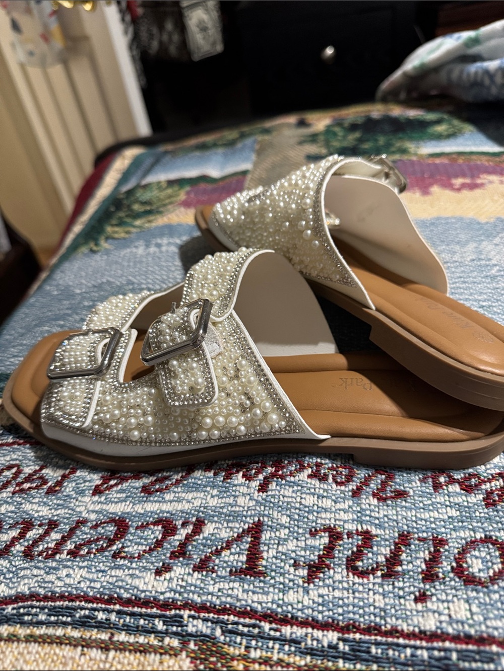 Pearl-Embellished Cream Double-Buckle Slide Sandals